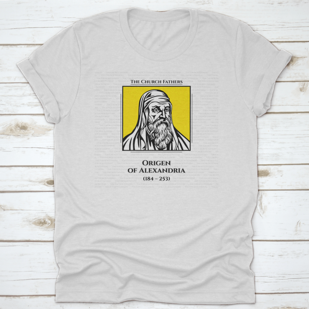 A comfortable cotton t-shirt featuring the Early Christian Scholar Origen, showcasing a classic fit and durable design.
